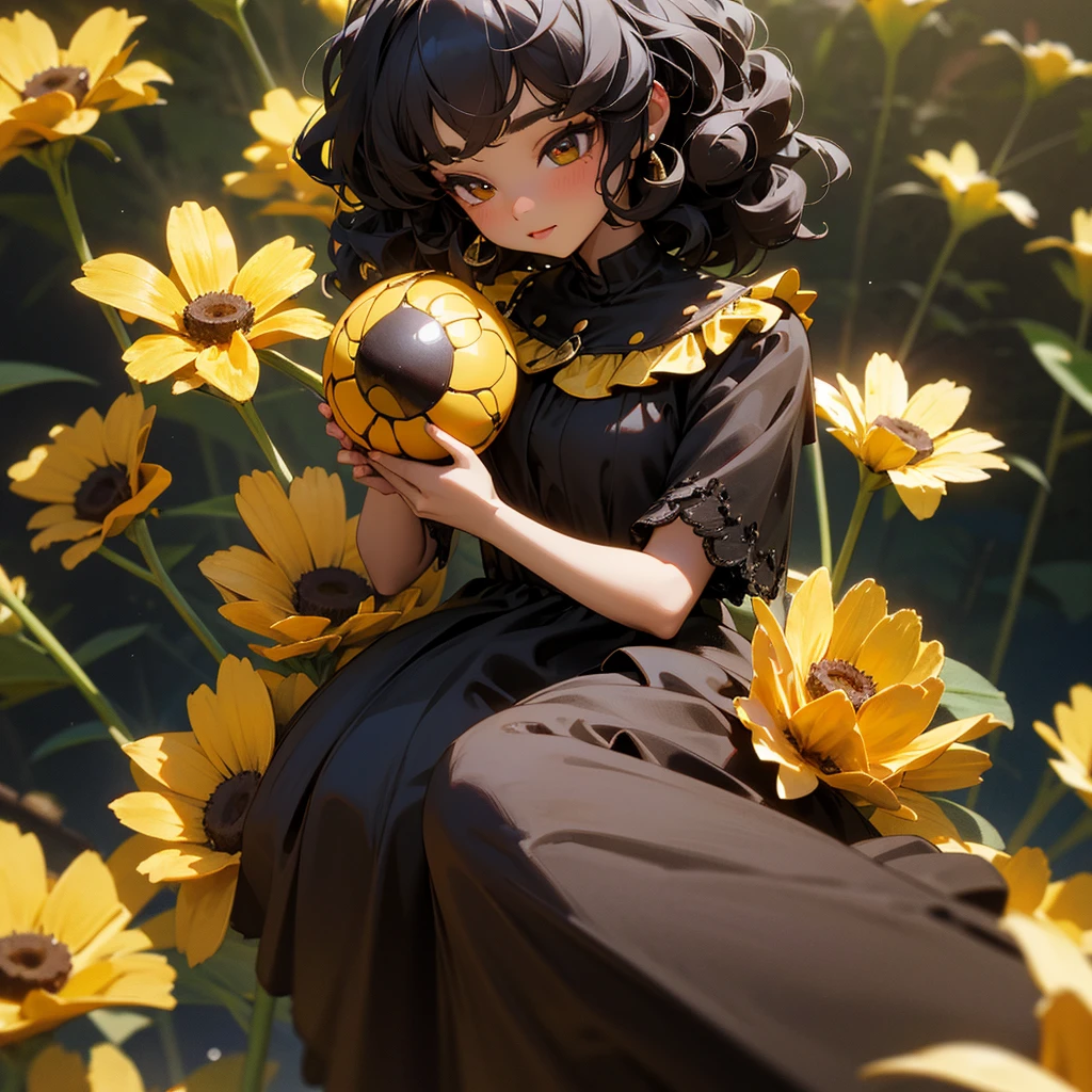 baby black skin tone, black curly hair, dark brown eye, yellow dress with flowers, holding a ladybug in hand, silver background, 8k, 3D.