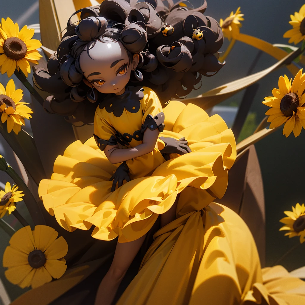 baby black skin tone, black curly hair, dark brown eye, yellow dress with flowers, holding a ladybug in hand, silver background, 8k, 3D.