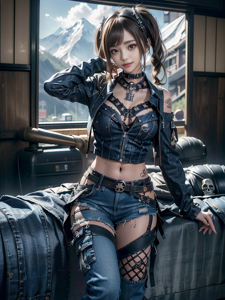 (Beautiful lips and nose:1.4)、(Long eyelashes:1.4)、(Smiling with teeth showing:1.3),(Shibuya Gal:1.5)、(Gothic ta delicately decorated dress:1.5)、(Tattered denim and black punk rock cargo pants:1.5)、(Denim and black navy skull mark small jacket:1.4)、(denim garter belt:1.5)、(Black and denim knee socks:1.3)、(Skull Silver Accessories:1.5)、(Denim collar:1.3)、(Brown Skin Belt:1.4)、(Brown boots:1.2)、(The underwear is striped:1.4)、31 years old、((Highest quality、In 8K、masterpiece:1.3))、Sharp focus:1.2、(Layered Cut、Huge boobs:1.1),Beautiful woman with perfect figure:1.4、(Dancing vigorously:1.3)、Slender Abs:1.2、Highly detailed face and skin texture、Detailed eyes、double eyelid,(Twin tails:1.3)、(Brown-golden hair:1.3)、Gravure idol、(The background is a vast mountain with a clear view々Beautiful luxury resort destination in Europe:1.3)、(Slim Body:1.2),(Make your legs thinner:1.4),(clavicle:1.1)