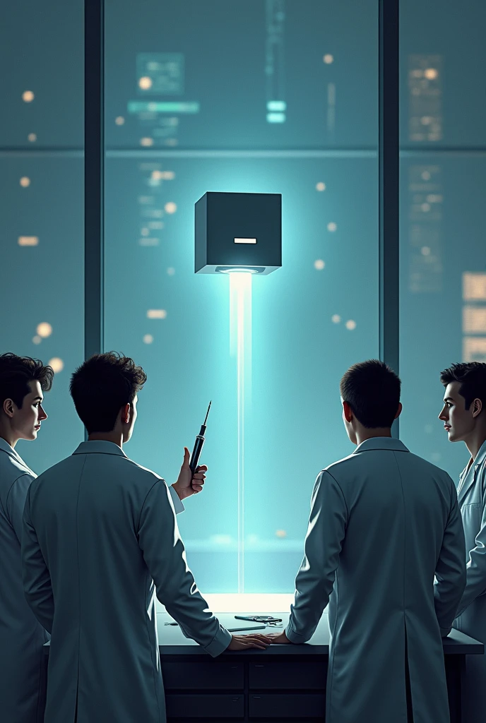 A group of 4 scientists with their backs turned looking at a glass window where there is a grey square object floating above a table that flickers and the object has a slot, as for an object having small, In addition, a scientist has a syringe and a drill trying to penetrate the object.