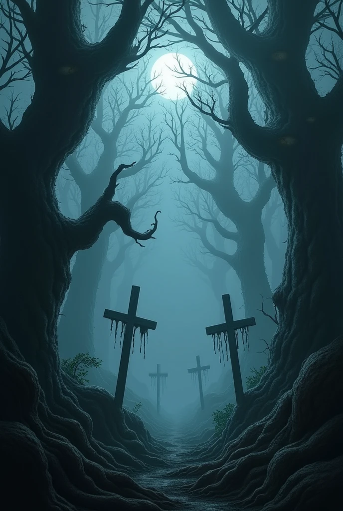 Forest ,dark ,horror athmosphere, mist, eyes between the trees, light moonshine, cruzifixeshang down the trees
