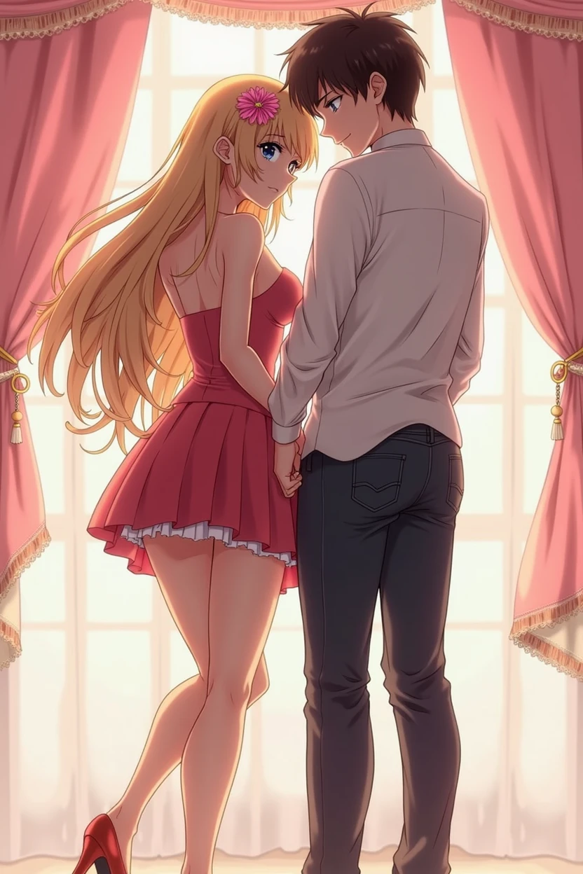 Make anime anime female with tight dress and a boy touching in between her legs