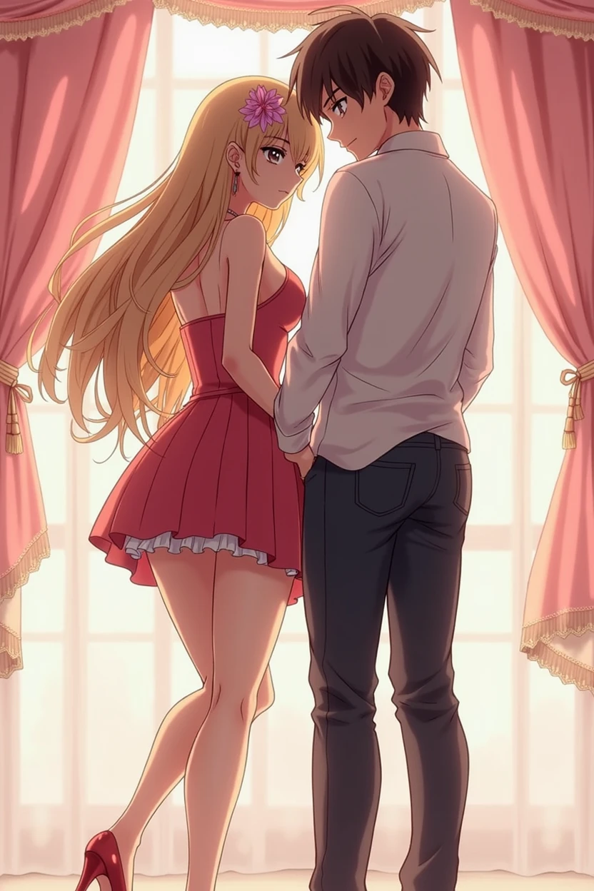 Make anime anime female with tight dress and a boy touching in between her legs