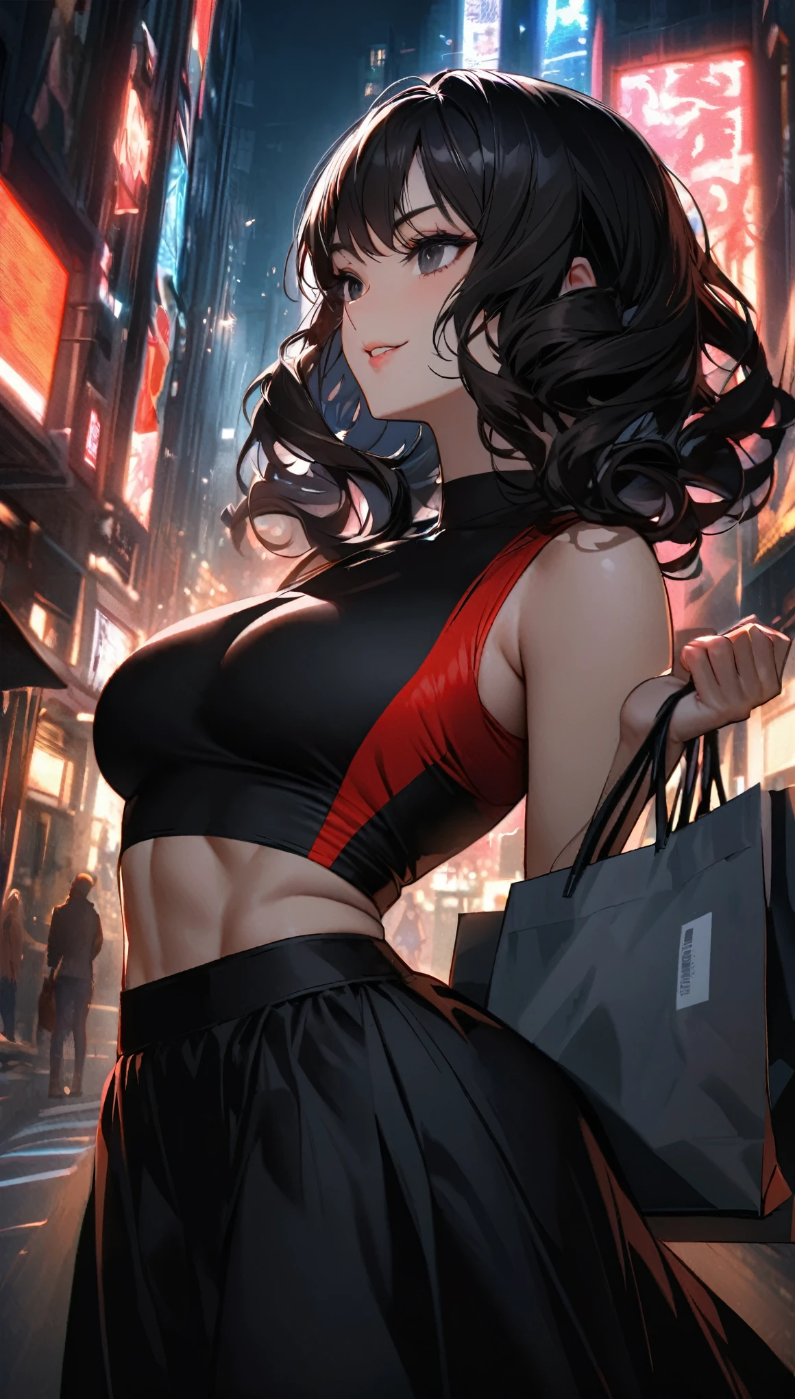 "Create an image of a woman with long, curly black hair interspersed with striking crimson red streaks. Her hair is voluminous and flows down her back in soft, cascading curls, with the black base providing a dramatic backdrop and the crimson streaks creating a vibrant contrast. The red streaks are woven throughout her hair, enhancing the curls and making the color pop with dynamic intensity.
She is standing in a bustling, modern city street, surrounded by towering buildings and neon lights. Her pose is relaxed yet confident, with one hand casually resting in the pocket of her black skirt and the other lightly holding a coffee cup or shopping bag.
Her face is long and oval-shaped, featuring a well-defined jawline and a prominent, graceful chin. Her deep, intense black eyes are framed by long, dark lashes and well-shaped eyebrows, giving her a captivating and engaging look. Her gaze is serene and self-assured, reflecting both confidence and curiosity about the world around her.
Her smile is warm and genuine, with her full lips curving up subtly, conveying ease and friendliness. She is dressed in a black skirt that complements her feminine figure and a dark blue crop top that contrasts elegantly with her hair. Her toned abs are visible, showcasing her fit physique while maintaining a graceful, feminine silhouette. The urban backdrop, with its lively atmosphere and bright lights, enhances the woman's sophisticated yet approachable appearance."