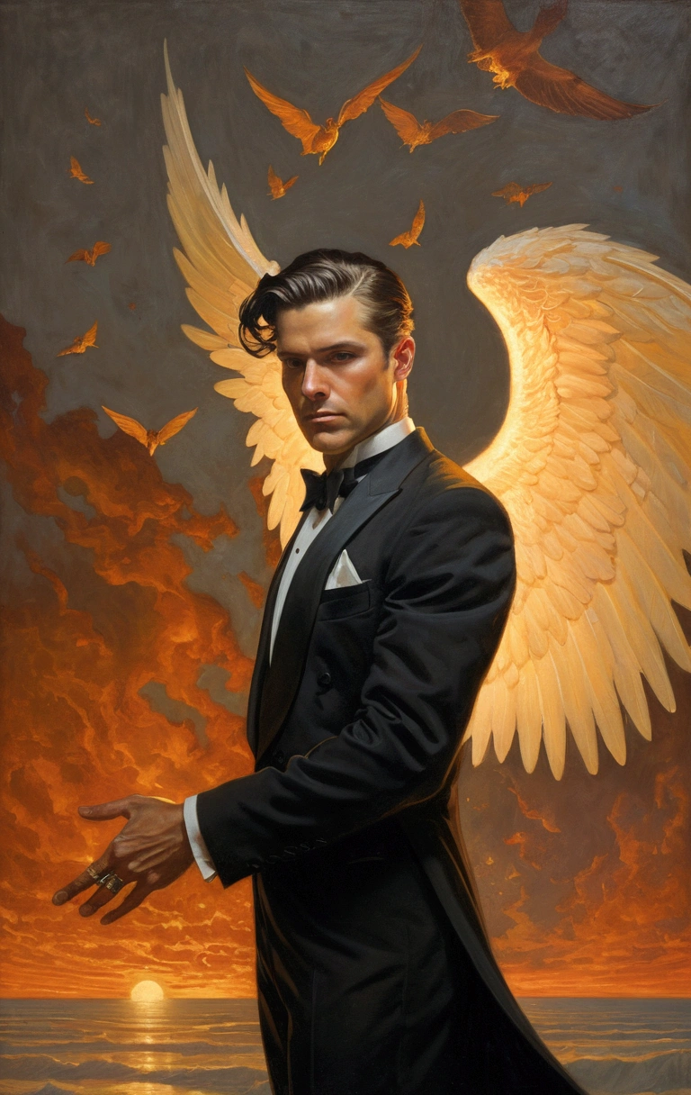 a painting of a man in a tuxedo with wings on his head, by Donato Giancola, style of donato giancola, hell, lucifer, brad kunkle detailed, inspired by Donato Giancola, brad kunkle elson peter, inspired in donato giancola, tom bagshaw donato giancola, oil canvas of lucifer, inspired by Frank Xavier Leyendecker