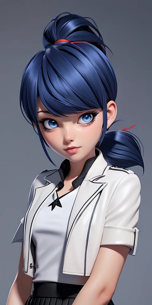 Dark blue, bob-cut hair with red-tipped ponytail, blue eyes, light makeup with winged eyeliner, neutral expression, white leather skirt with floral design, gray leather blazer, chest-up view