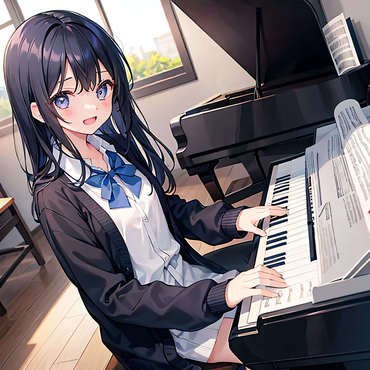 With a girl、1 person、Black Hair、Iris、Hair length、Laughter、uniform、cardigan、School、music room、play the piano