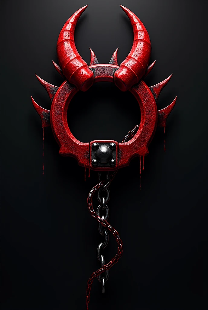 (logo design) evil logo, a striking red handcuff, adorned with sharp, menacing demon horns, and a sinuous chain tail extending from the base, dynamic and bold, emphasizing a dark theme, glossy finish, high-resolution, creating an impression of malevolence and power.