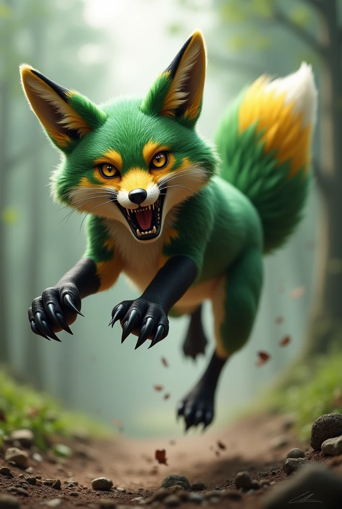 Fierce green and yellow fox making a leap