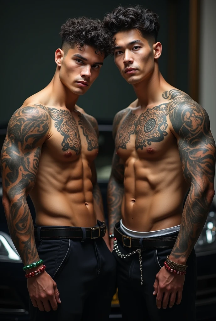 2 young handsome chinese guys，20-22 years old，super realistic, super detailed, human skin, mess curly hair, erotic police officers，Interpol，manly Police，perfect studio light, Handsome，musculous，strong sport body, lean muscles,big chest abs,  hairy bodies，handcuff, sexy police（Fine eye 1：3），Black eyes，full bodyesbian, full body tattoo, tattoo chest, tattoo hands, tattoo arms, tattoo back, muscles, Inspired by Bian Shoumin, Inspired by Xiao Yuncong, yihao ren, yanjun cheng, jinyiwei, inspired by Huang Gongwang, xintong chen, naked body, big chest abs, bare butts, nice juicy butts, long big dick masturbate , correct dick shape, sexy, open legs, luxury super car show room  background, 