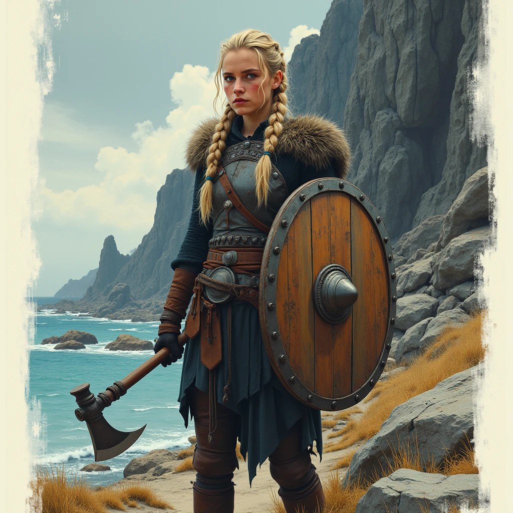 (Gaia Weiss:1.2), An illustrated movie poster, hand-drawn, full color, a 22 years old viking shield-maiden girl, runners fit body, thin face, wearing a typical female viking warrior armor costume, mainly leather with metal bits, heavy leggings and boots, viking trousers, holding a viking battle axe, holding a viking wooden shield painted with war symbols, she has pale skin, freckles, blue-grey eyes, light blonde long braided hair, posing on a rock, hard shadows, graphite shading, stencil marks, airbrushed acrylic paint, masterpiece, in the style of Vikings series, Kattegat fjord in the background