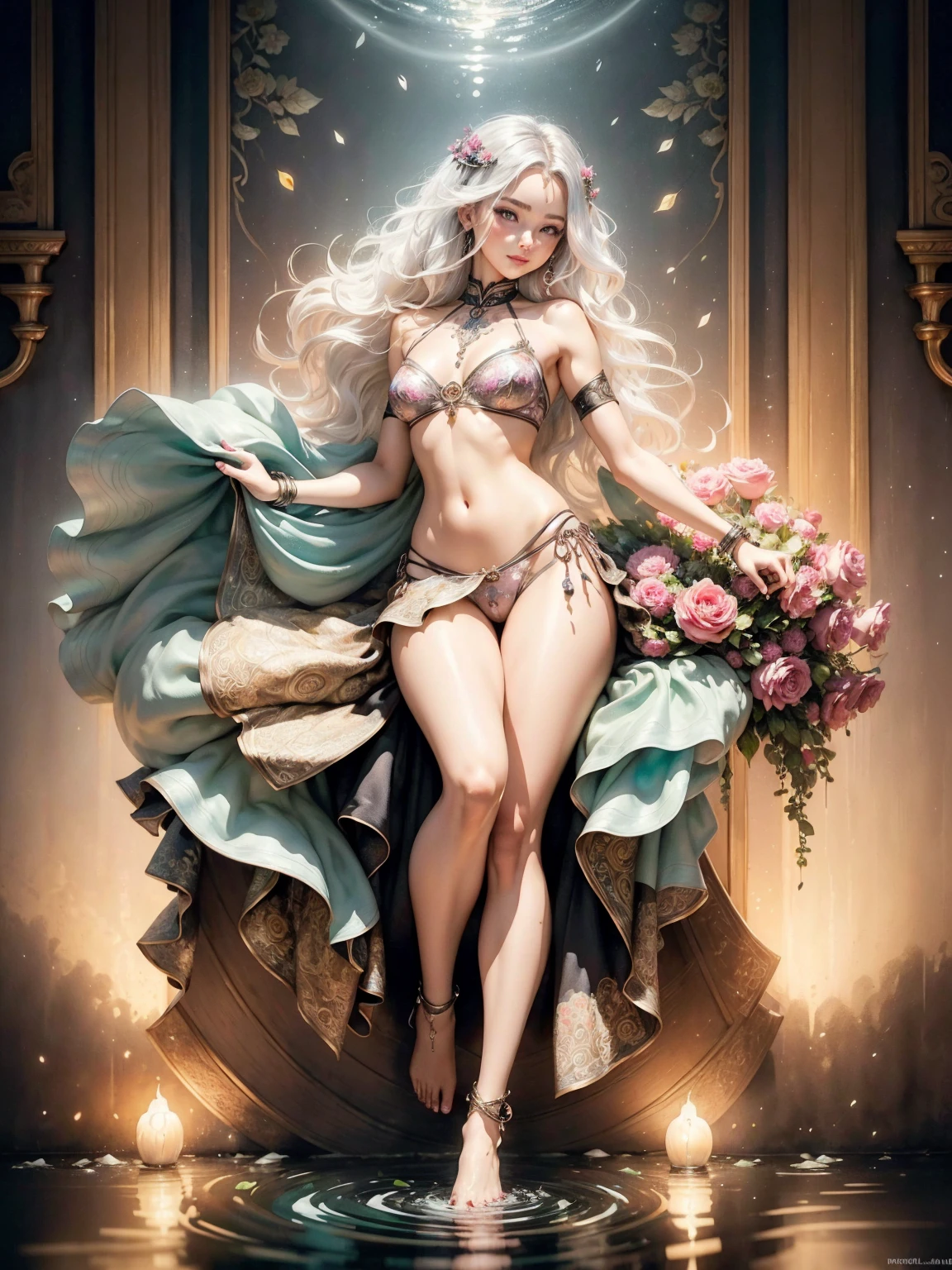 8k, (female:1.5), Elegant and Flexible (athletic build:1.5), emerald eyes (Vibrant:1.5), chestnut hair (AFFluent:1.5), copper silk, LeaF-shaped decorations, ultra HD, HDR, , details Intricate, Ultra-realism, luxurious atmosphere, IMAX, cinematic, awarded photo, intrikate, low opening (F1.2),erotism, medieval castle built into the mountain, night sky, Full moon, panties with pearls, wearing jeweled panties, breasts small, pose sexy, sexy erotic body, Full body, silver and gold bracelet, waterfall, Light bulb and latern , cinematic lighting, photorrealistic, 1 girl, 18 years old, (legs spread open), pink lips, well-lit, beautiFul and aesthetic: 1.2), (1 girl), extremely detaild, (fractal art: 1.3), colorFul, More Detailed, beautiFul goddess, caucasian girl with shiny silver hair, Full female body, wild waves, large waves, oriental mandala tattoos, transparent dresses and small panties, skin wet with water, Light bulb, latern, beautiFul girl with a slight smile, Forest, Flowers and roses, calcinha sexy tattoos oF mandalas and Flowers on the naked body, toes immersed in water, beautiFul goddess looking at the pond water, Front view, in panties with jewels, Fantasy, world oF The Lord oF the Rings, magie, tattoos oF mandalas and Flowers on your body, Front view, interior oF the temple Flooded with pond water, Greek column,three interlocking circles Form a work oF art, magieal circles, long hair mixed in water, surreal magieal dream, image rich in details, clearing, painting oil painting, red lipgloss stick , long hair mixed in water, surreal magieal dream, image rich in details, clearing, painting oil painting, red lipgloss stick , bra with pearls