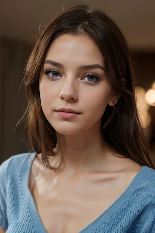 jeune femme type européenne avec les cheveux bruns et les yeux bleus avec de longs cils et une bouche pulpeuse très réaliste avec une excellente résolution 4K