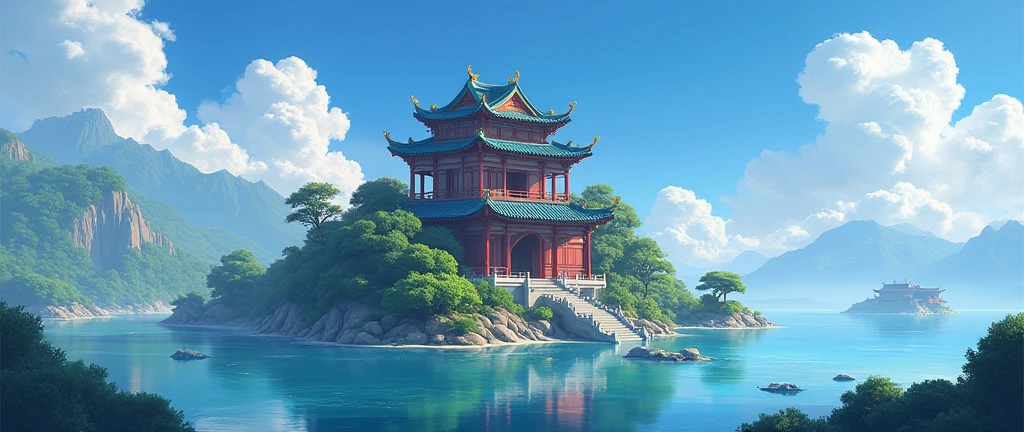 There is a Chinese-style building in the middle of a small island, Game concept art, Final Fantasy Vll World Concept, 2. 5D CGI anime fantasy artwork, Concept World Art, Beautiful concept art, dota matte concept art, Concept Art Wallpaper 4K, conceptartworld, Matte Mystery Dota Pixar, Fantasy concept art, League of Legends concept art ,Ultra-high resolution (Fidelity: 1.4), Ultra-high quality, Extremely detailed CG unity 8k wallpaper, aesthetics, Award-winning photography, True high detail, Detail improvements, Remove blur, complex, The art of travel. Visually stunning. Beautiful city pixels, Blue Hour Photography, Spectacular clouds, Fantasy Clouds,(masterpiece), (best quality), (Japanese cartoons), (((sketch)))