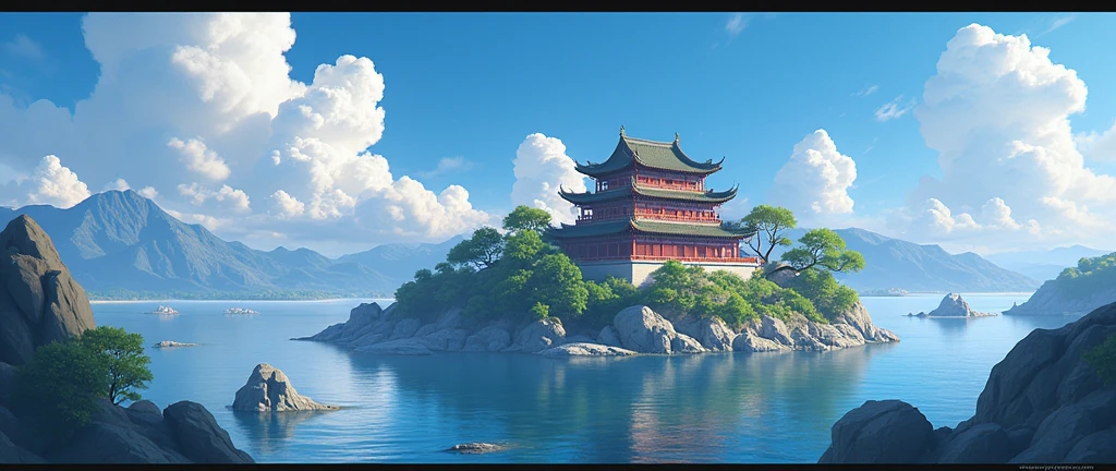 There is a Chinese-style building in the middle of a small island, Game concept art, Final Fantasy Vll World Concept, 2. 5D CGI anime fantasy artwork, Concept World Art, Beautiful concept art, dota matte concept art, Concept Art Wallpaper 4K, conceptartworld, Matte Mystery Dota Pixar, Fantasy concept art, League of Legends concept art ,Ultra-high resolution (Fidelity: 1.4), Ultra-high quality, Extremely detailed CG unity 8k wallpaper, aesthetics, Award-winning photography, True high detail, Detail improvements, Remove blur, complex, The art of travel. Visually stunning. Beautiful city pixels, Blue Hour Photography, Spectacular clouds, Fantasy Clouds,(masterpiece), (best quality), (Japanese cartoons), (((sketch)))