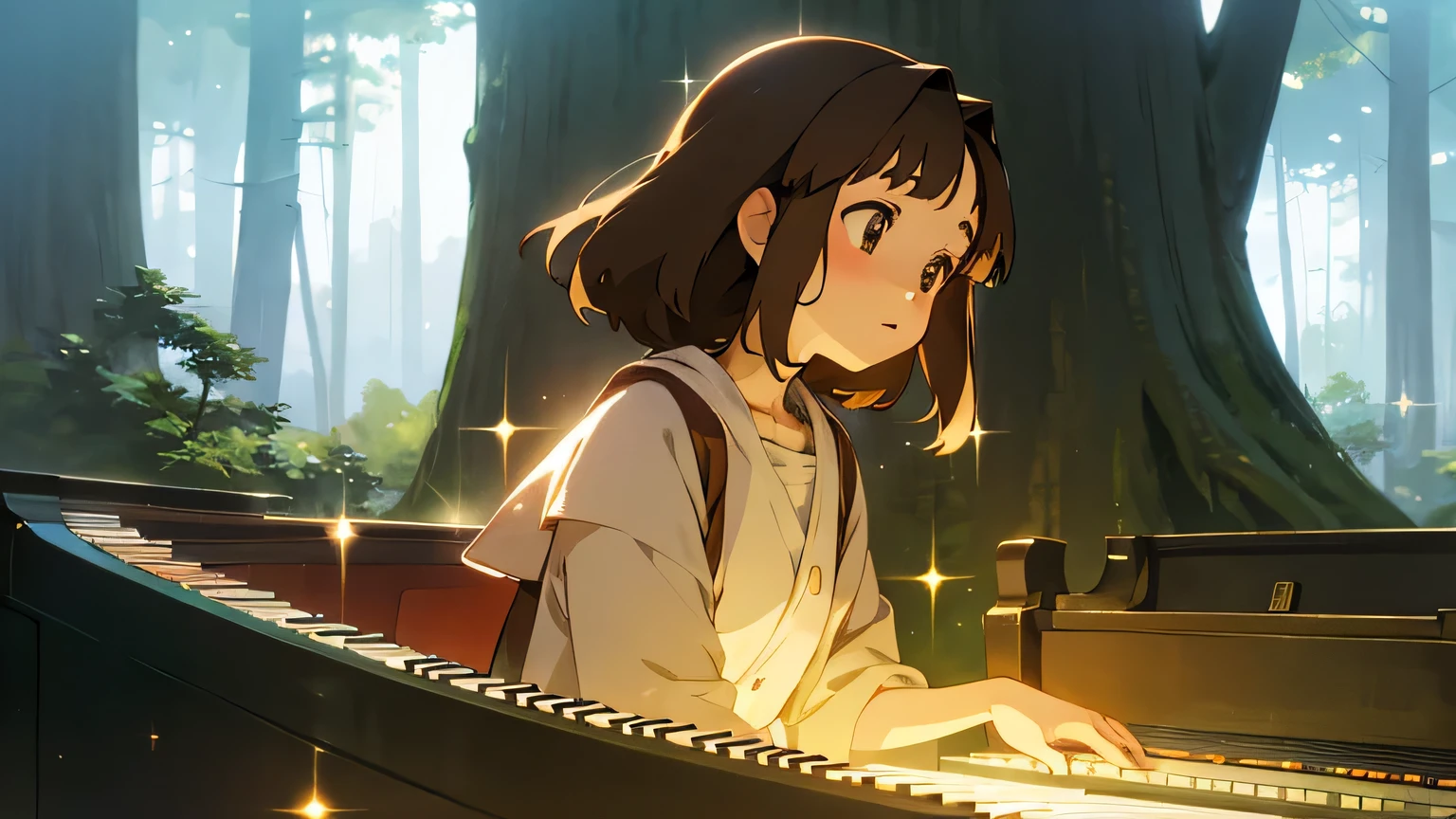 Ghibli-style image 1 Girl, High resolution, Brown Hair, Sparkle Effect, Backlight, Highest quality, In the woods、play piano