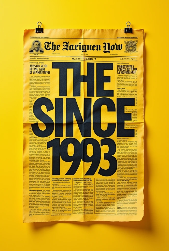 THE SINCE 1993 PHRASE IN newspaper texture AND yellow background