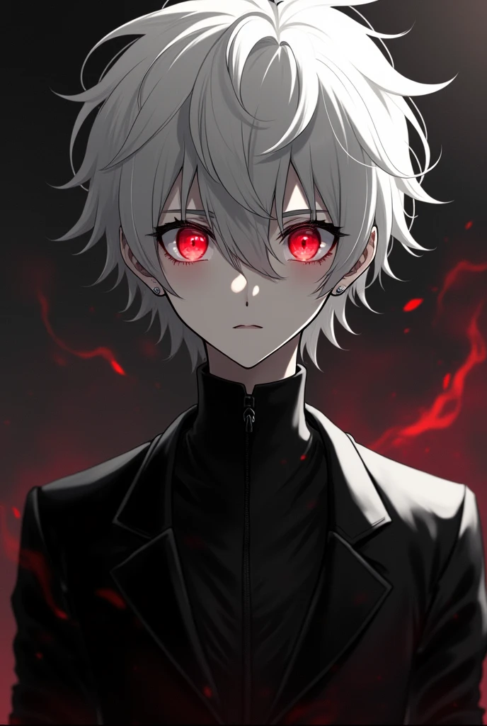 ((One Person)),Anime boy with white hair and red eyes staring, Glowing red eyes,slim, dressed in a black outfit,monochromes,hair messy,deadpan