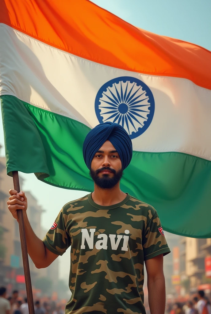 Happy Republic Day is written on big flag of Bharat And a 18-year-old Sikh boy is standing in front of him wearing Army fit T-shirt, with name "Navi" written on t shirt, and holding the Barat flag in his hand, art painting realistic high quality photo