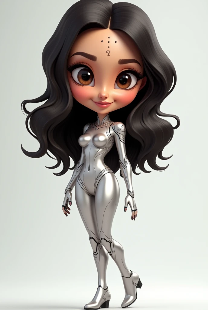 "Create a 3D realistic caricature of a character named 'AI HUMAS.' The character is a beautiful woman with a futuristic look. She has large, round brown eyes similar to those in animated cartoon films and a proportionally big head. Her hair is shoulder-length, wavy, and shiny. On her forehead, there are small dots forming the shape of a sigma symbol, giving her a unique and tech-savvy appearance.
She stands with elegance, her body slim and proportionally shaped, dressed in a shiny metallic outfit adorned with futuristic ornaments. Her outfit has a reflective, almost liquid metal appearance, emphasizing her advanced and otherworldly nature. She wears white metallic boots, adding to her futuristic and sophisticated style."