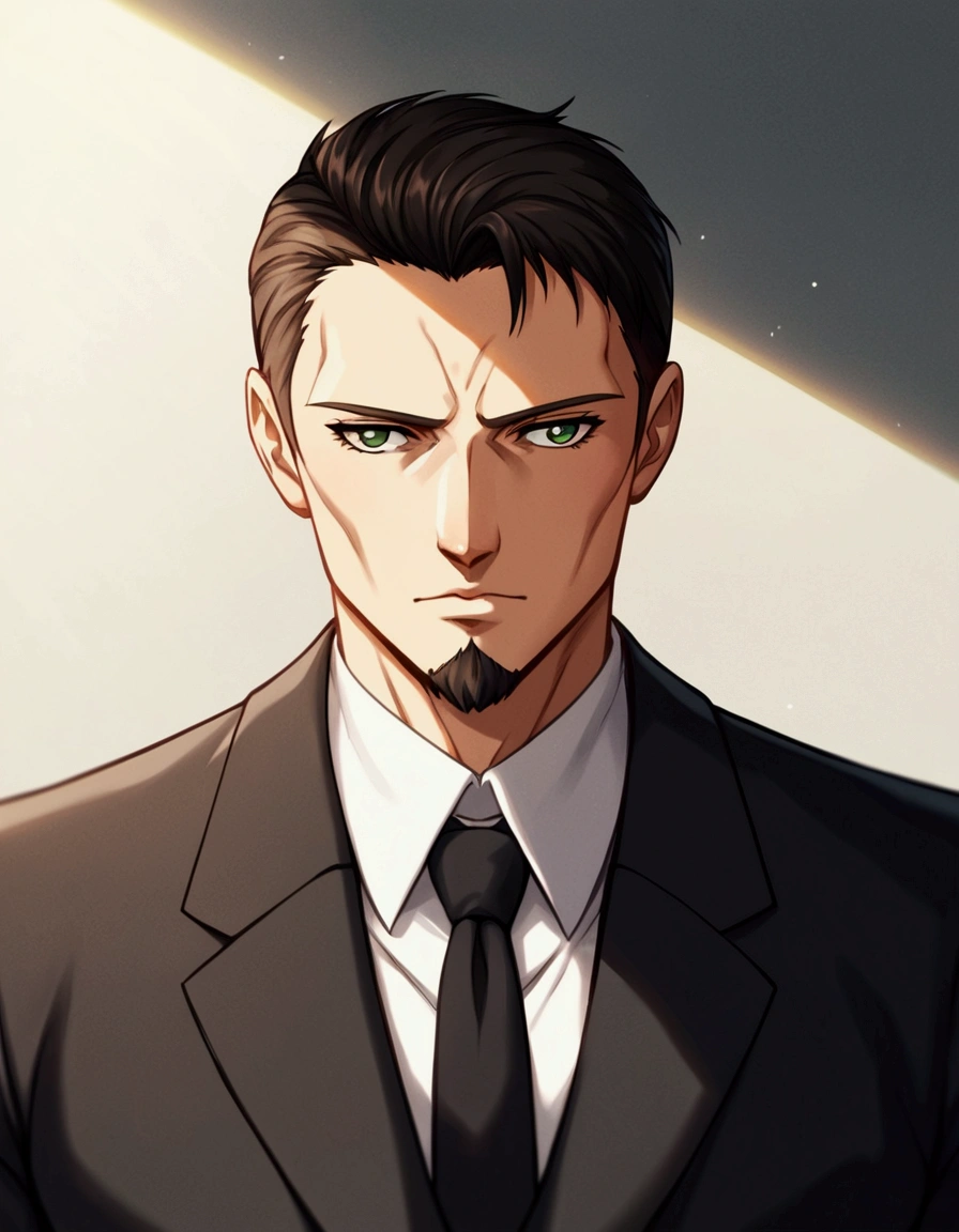 1man, man in black, vigorous mature, business hair with asymmetrical bangs, goatee, green platina blond hair, emerald eyes, BREAK 40yo, charming caucasian, slightly long chiseled face, deep set, angular jaw, facial wrinkles, crewcut, BREAK ideal ratio body proportions, middle weight muscular, beautiful detailed eyes, dark hero, best eyes, BREAK solo, funeral black suit, black necktie, white shirt, at wall street, detailed background, gloom, cool expression, natural standing, looking away, BREAK upperlegs, dramatic expression, in persona style, masculine comic art, 2010s, retro visual novel, in newest eroge style, dutch angle, cinematic shadows, cinematic lighting, lens flare, light leaks, texture, absurdres absolutely resolution, extreme all detailed, greatest painting, BREAK masterpiece, best quality, BREAK score_9, score_8_up, score_7_up, source_anime, rating_safe, score_6_up, score_5_up, score_4_up