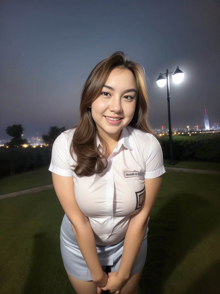 1girl, (uniform), standing, outdoors, night view, detailed Metropolitan city at the background, detailed face, little smile, detailed eyes, big breasts, smooth realistic skin, semi-curvy body, white shirt, grey blue miniskirt, looking at the audience, (8k, RAW photo, best quality, masterpiece: 1.2), (realistic, realistic: 1.37), ultra-high resolution