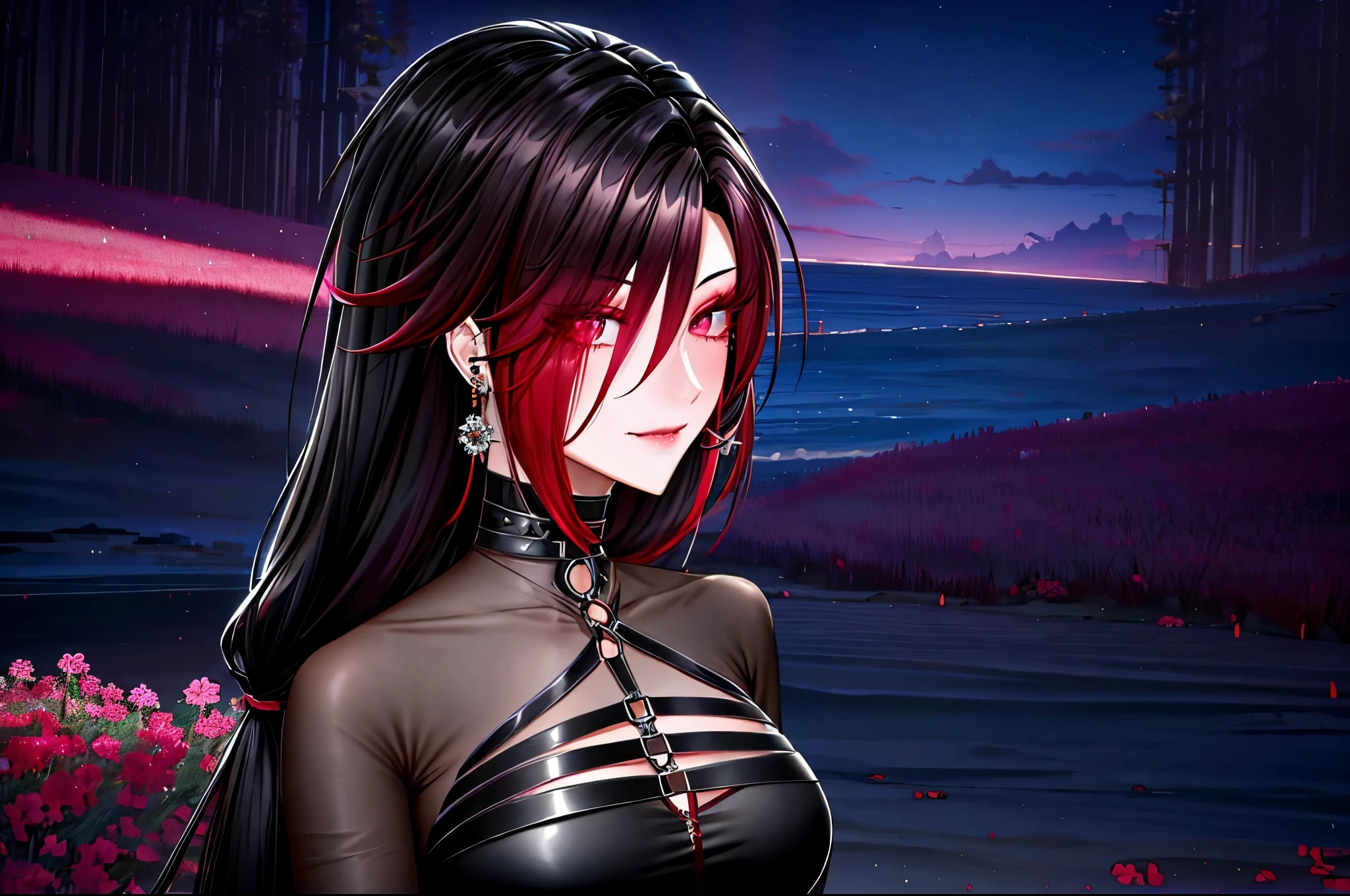 shoujo style, frosty style, (romantic manhwa), 1 girl, black cyclamen hair, solo, long braided hair, long braid, dress, red cyclamen eyes, mascara, makeup, elbow gloves, bra, jewelry, many ear piercings , viewer, collarbone, accessories, upper body, parted bangs, braided hair, side braid, black dress, bangs, outdoors, detailed eyes, dynamic cut, walking in a rose field at night, flowers, warm, summer environment, beach, evil smiles 