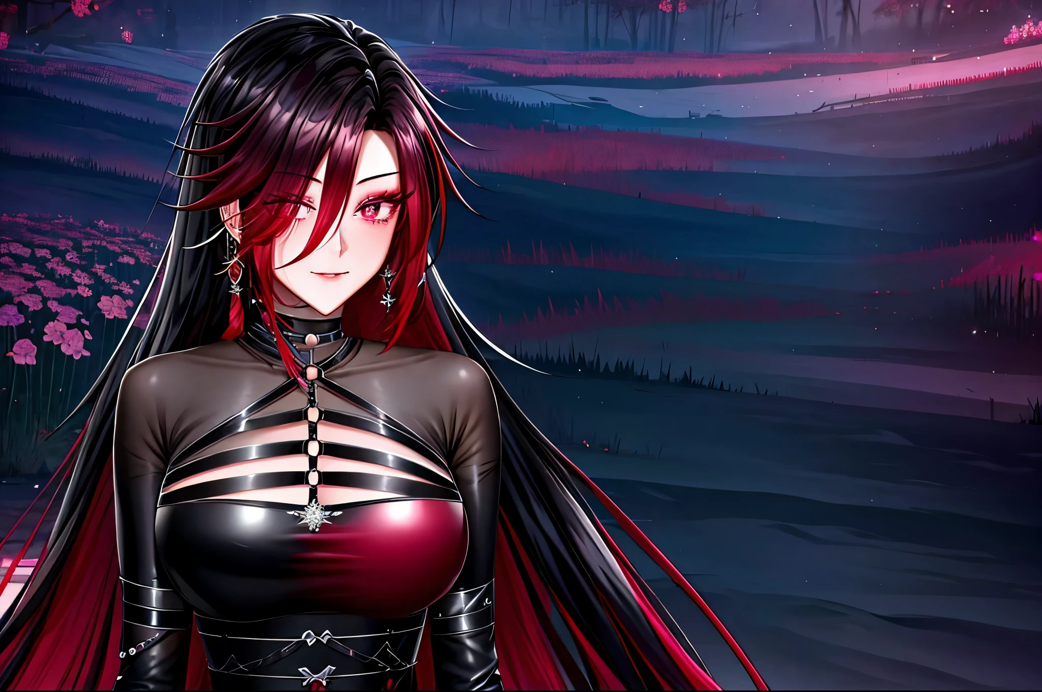 shoujo style, frosty style, (romantic manhwa), 1 girl, black cyclamen hair, solo, long braided hair, long braid, dress, red cyclamen eyes, mascara, makeup, elbow gloves, bra, jewelry, many ear piercings , viewer, collarbone, accessories, upper body, parted bangs, braided hair, side braid, black dress, bangs, outdoors, detailed eyes, dynamic cut, walking in a rose field at night, flowers, warm, summer environment, beach, evil smiles 