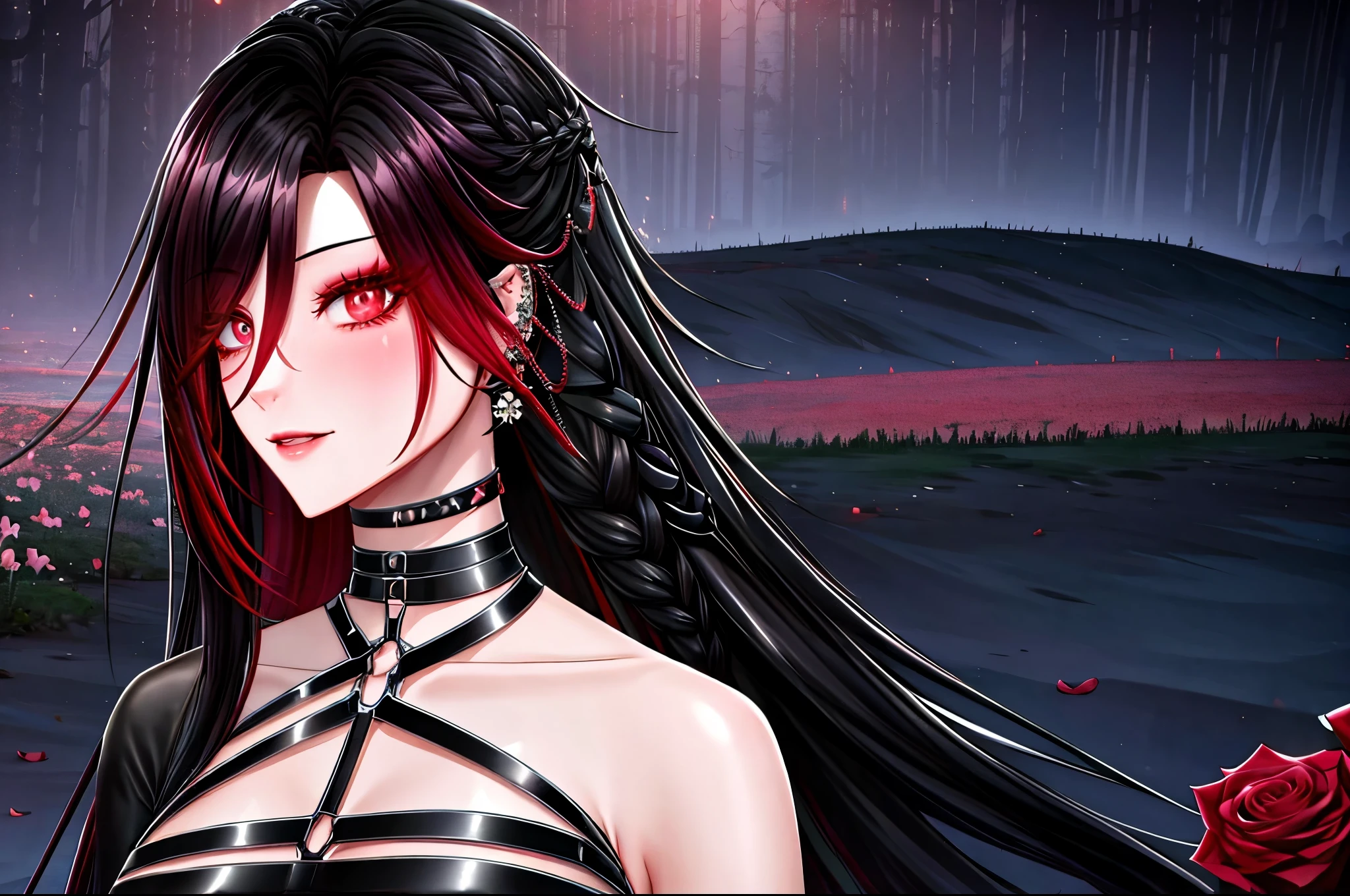 shoujo style, frosty style, (romantic manhwa), 1 girl, black cyclamen hair, solo, long braided hair, long braid, dress, red cyclamen eyes, mascara, makeup, elbow gloves, bra, jewelry, many ear piercings , viewer, collarbone, accessories, upper body, parted bangs, braided hair, side braid, black dress, bangs, outdoors, detailed eyes, dynamic cut, walking in a rose field at night, flowers, warm, summer environment, beach, evil smiles 