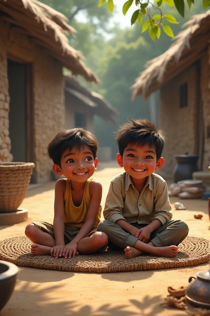 Two boys sitting in a mat in poor village happily