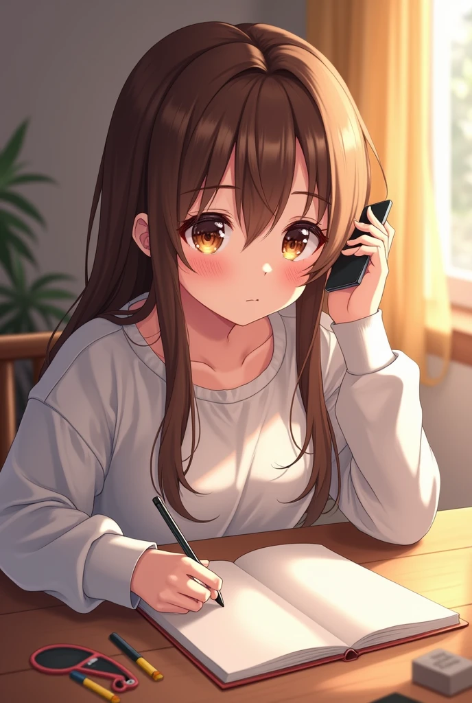 Anime brown girl with : brown hair , brown eyes ,Big blushing ,she writes on her phone and she is on her room