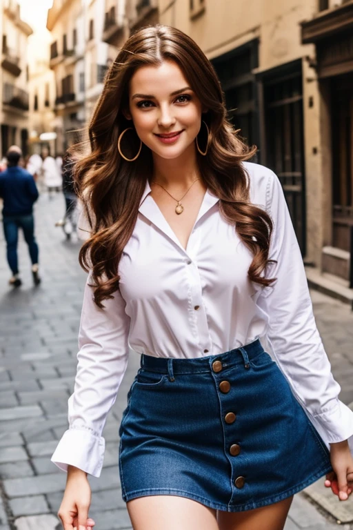 Girl, long wavy reddish hair, beautiful breasts, large hoop earrings, crimson red boobs lips, white long-sleeved shirt, with the button open, showing the chest, looking at the viewer, smile, open mouth, blue eyes, love, red high heels, dark blue miniskirt, in the middle of a street in the old town in Barcelona
