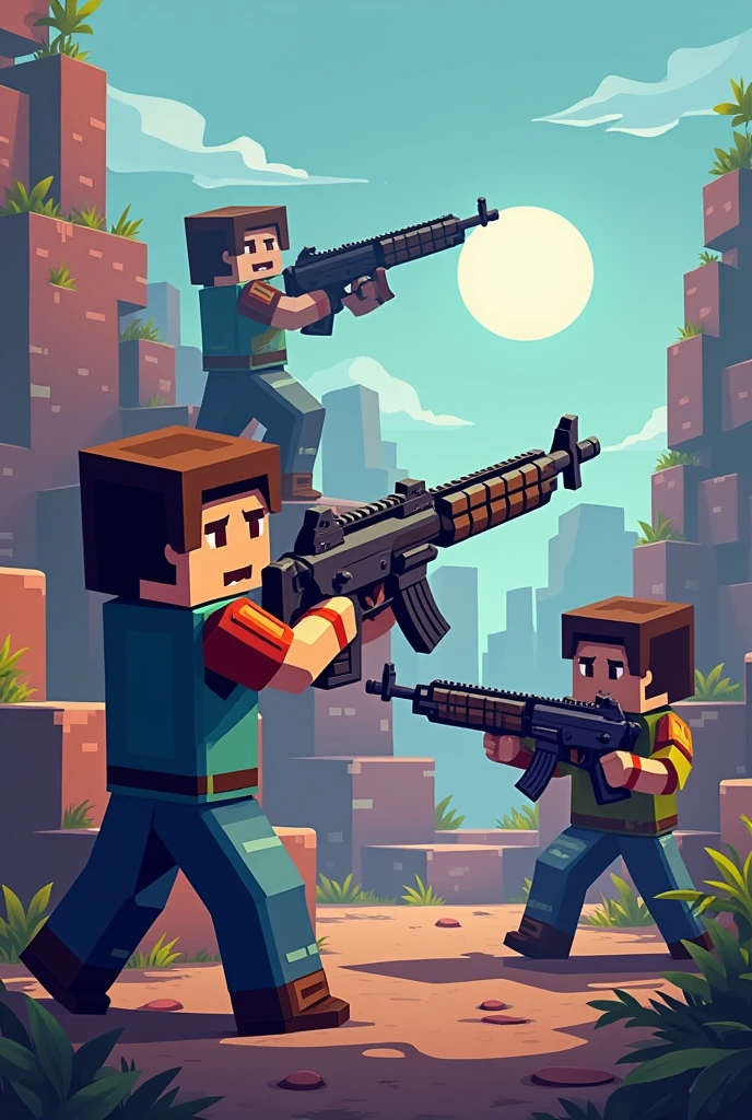 It looks like you’ve uploaded an image. The image seems to feature characters in a blocky, pixelated style similar to that of Minecraft, but with a focus on combat, as the characters are holding various types of firearms. This kind of imagery is often associated with games that combine the blocky aesthetic of Minecraft with shooter elements, such as "Pixel Gun 3D" or "Cops N Robbers."

If you need more information or want to ask something specific about the image or its context, feel free to let me know!