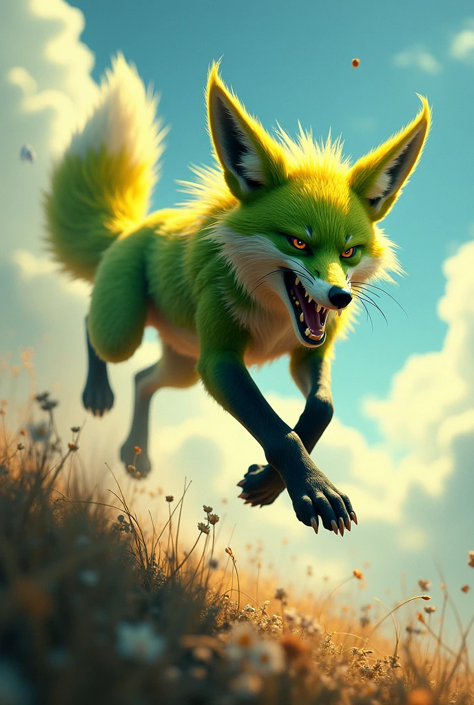Fierce green and yellow fox leaping high into the air