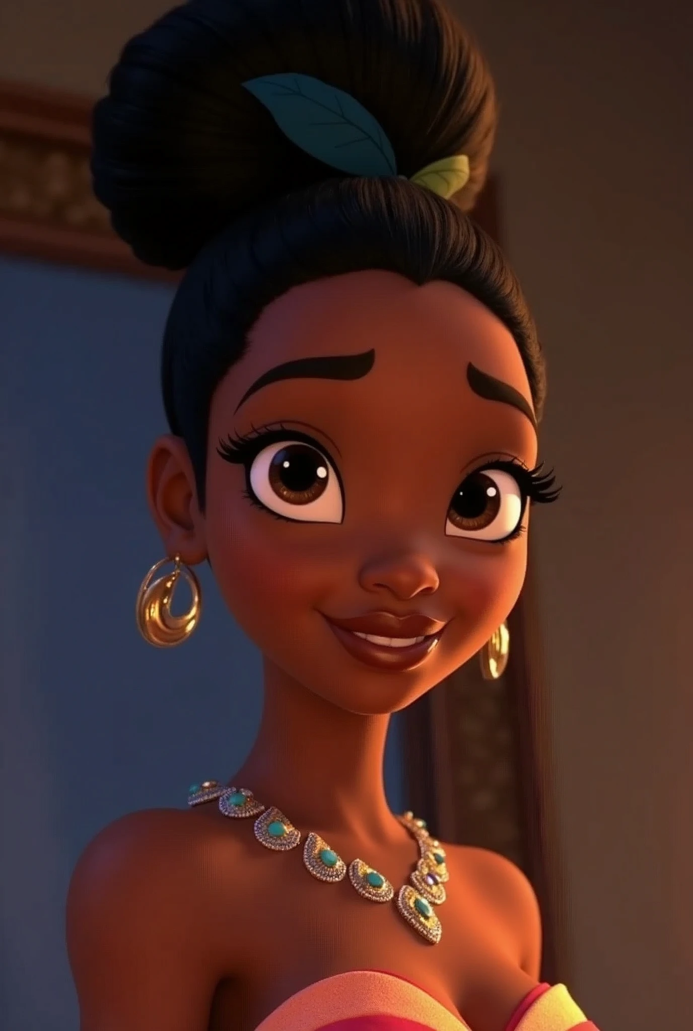 princess Tiana, mohawk haircut, evening gown, night vision, glasses, simple look, regular person, high quality, cartoon style, Disney style, beautiful detailed eyes, beautiful detailed lips, extremely detailed eyes and face, long eyelashes, intricate details, vivid colors, photorealistic, cinematic lighting, dramatic shadows, cinematic composition, warm color palette