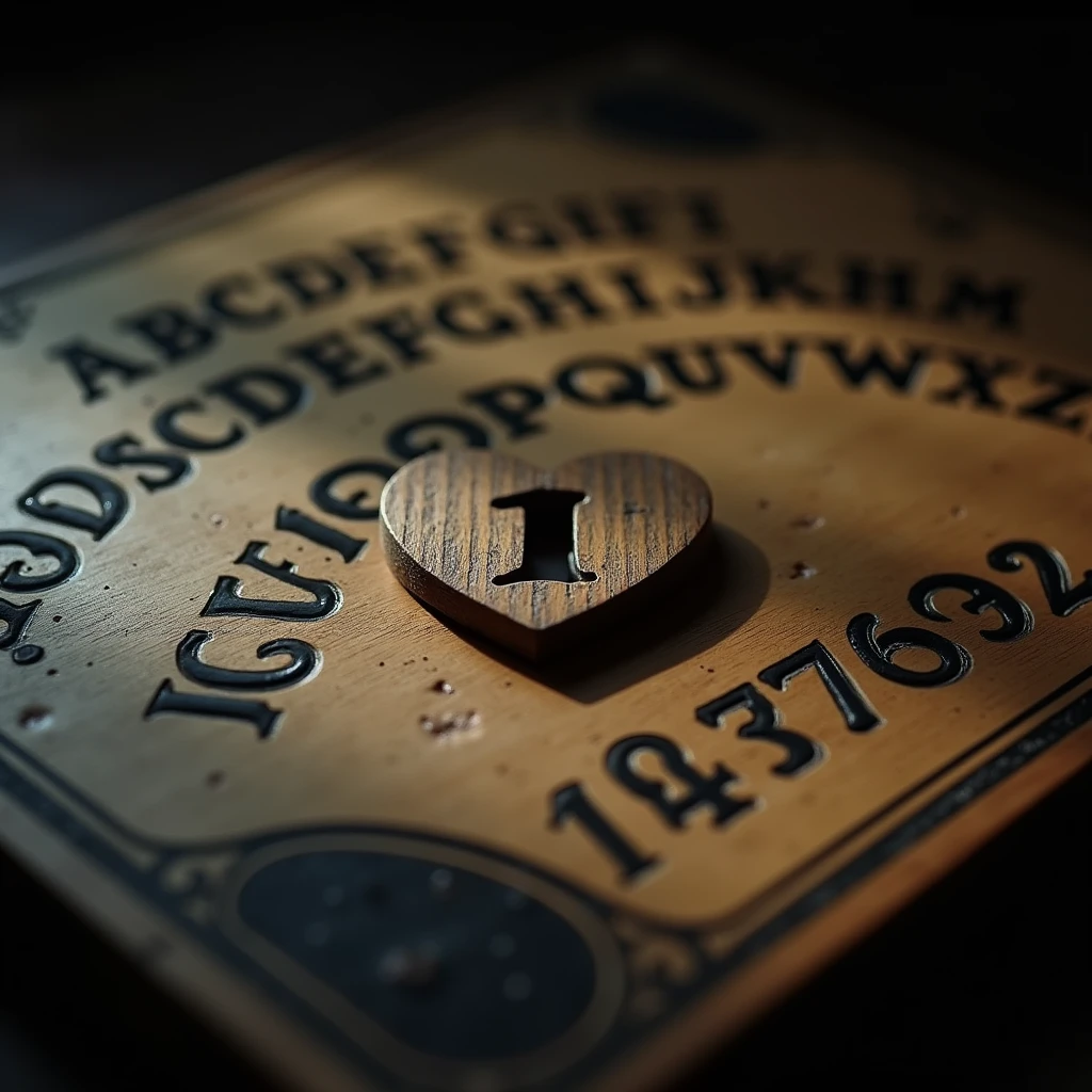 A close-up shot of a wooden Ouija board, the surface is textured with visible wood grain. The board is marked with bold black letters of the alphabet, numbers from 0 to 9, The central focus of the image is a heart-shaped wooden planchette, positioned directly over the number "1." The planchette has a round hole in its center, through which part of the number is visible. The lighting is dramatic, casting shadows that emphasize the texture of the wood and the raised edges of the letters and numbers, creating a mysterious and eerie atmosphere. The camera angle is close-up, with a shallow depth of field, ensuring that the planchette and the number "1" are sharply in focus while the background fades into a soft blur.
