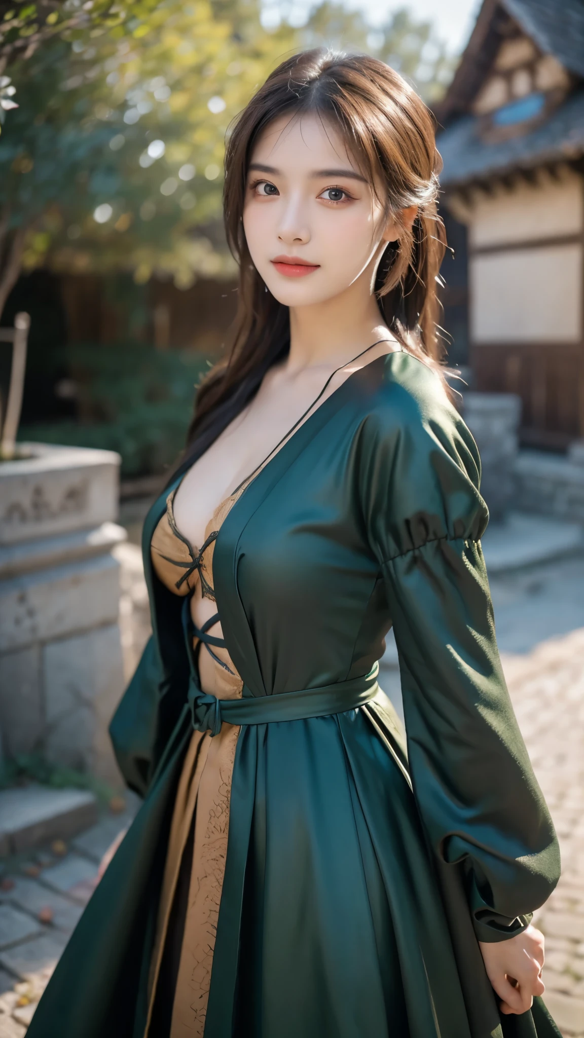 masterpiece, The best quality, Ultra-high resolution, High detail photo, Unity 8K Wallpaper, Extremely detailed CG:1.2), depth of field, bokeh, (RAW photo:1.realistic photography:1.4), (1girl:1.5), young, physically based representation, beautiful, (Finely detailed face:1.4, detailed clothing), (detailed:1.4) named (Eimi Fukada:1.1) BREAK Cara hermosa, depth of field, Add layer, hyperrealistic, 27 years old, perfect body model, perfect breasts, 175cm tall, pose sexy, full body, Whole body, Model Body Type, BREAK (extreme skin details:1.1), skin details, (sorcerer costume:1.3), double eyelid BREAK smile, seductive pose, standing, standing outside, medieval house, outdoor, medieval style, (castle:1.3), (close up:0.3), Nikon Z7 II camera, Fuji Velvia 50 film, 50mm lens, high saturation,