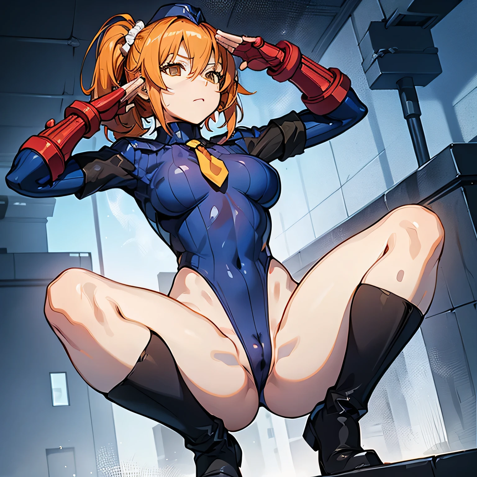 best detailed, Highly detailed,Beautiful body,Beautiful Nose,perfect eyes,perfect face,ultra highres,beautiful legs,Perfect hands,Masterpiece,illustration,,perfect anatomy,street fighter,doll suit,shadaloo doll,dollsuit,expressionless,empty eyes,blank eyes,looking at viewer,red gloves,boots,emotionless,black latex,corruption,mind control,female combatant,full body,hypnotized,unhappy trance,full body suit,obey,extremely glossy latex,hypnosis,hypnoLora,Slave,necktie,yellow tie,spread legs,(salute),military,dark persona,(((pixel-perfect, detail-perfect))),(solo),1girl,orange hair,ahoge, sidelocks, medium hair, side ponytail, hair scrunchie, brown eyes,medium breasts, height:158cm, [strong]