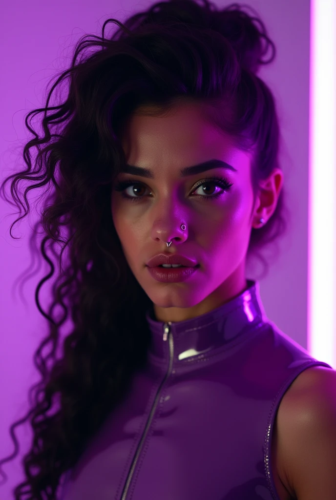 arab woman, young, naked, very curly mullet, septum piercing, dimples, thick belt around neck, naughty expression, prostitute, purple neon light, purple shiny latex bodysuit, close-up, UHD, retina, masterpiece, accurate, anatomically correct, textured skin, super detail, high details, high quality, award winning, best quality, highres
