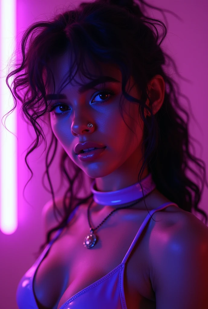 arab woman, young, naked, very curly mullet, septum piercing, dimples, thick belt around neck, naughty expression, prostitute, purple neon light, purple shiny latex bodysuit, close-up, UHD, retina, masterpiece, accurate, anatomically correct, textured skin, super detail, high details, high quality, award winning, best quality, highres
