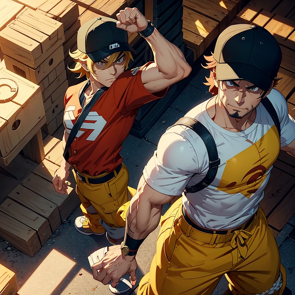 (absurdres, highres, ultra detailed),(absurdres, highres, ultra detailed), 1 male, adult, tall, muscular, yakuza tattoo on left arm, finely detailed eyes and detailed face, very short hairstyle, (wearing a white sleeveless t-shirt), ((orange industrial pants)), boots, bneat, stern, serious look, dark grey eyes, white background, (anime character sheet), (full body), (several poses and expressions), close up shot of a anime hadnsome young man looking at the viewer with a seductive look, red eyes, (Leon Kennedy), ((light blonde hair)), (pale skin), dynamic pose, ((pale skin)), white background