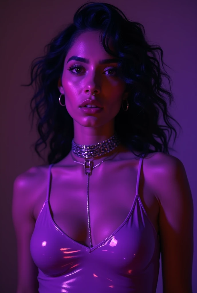 arab woman, young, naked, very curly mullet, septum piercing, dimples, thick belt around neck, naughty expression, prostitute, purple neon light, purple shiny latex bodysuit, close-up, UHD, retina, masterpiece, accurate, anatomically correct, textured skin, super detail, high details, high quality, award winning, best quality, highres
