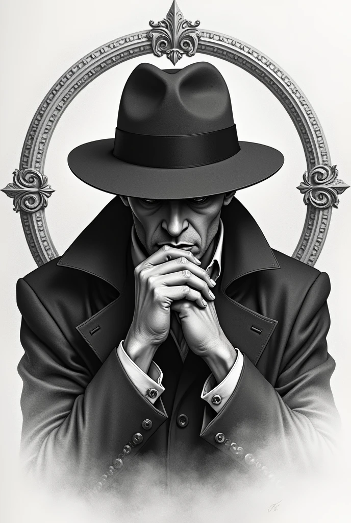 Semi realistic drawing of a Close shot of a Mistery detective man with a circle ornament frame, front facing camera with head bowed and both hands on his chin, in black and white