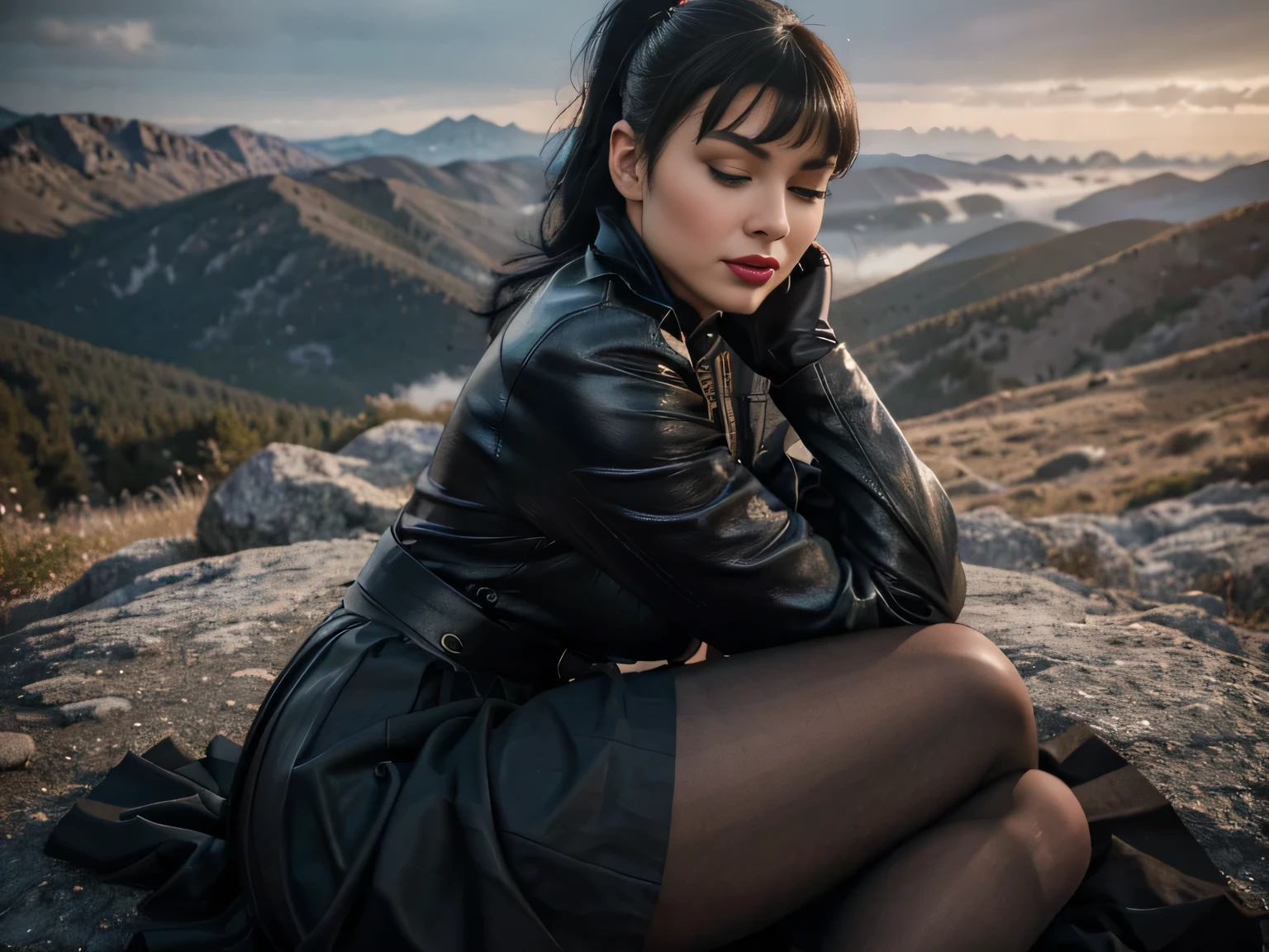proFessional  photograph oF a gorgeous eyes closed soaked Bettie page fucking with  her lover, dressed with a large black leather coat,ponytail Black hair, red lipstick,black long maxi-skirt(black long maxi-skirt:1.2),sultry Flirty look, gorgeous symmetrical Face, joli maquillage naturel, wearing elegant warm winter Fashion clothing,flirting with the camera, ((black leather gloves)),  ((on a mountain with her lover fucking her in the ass)), ultra realistic, art conceptuel, elegant, Very detailed, complexe, sharp Focus, depth oF Field, F/1. 8, 85mm, (((proFessionally color graded))), bright soFt diFFused light, (volumetric Fog), tendance sur Instagram, hdr 4k, 8K
