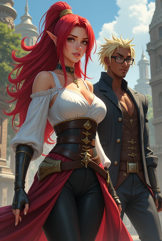 The images of the third opening of Naruto Shippuden, more with my rpg characters, being a tall woman, a little strong with red hair down to the waist with medium and lush breasts, a nerd with glasses in a white medieval shirt and leather vest with a metal hand and a black man with blond braids and medieval coats.