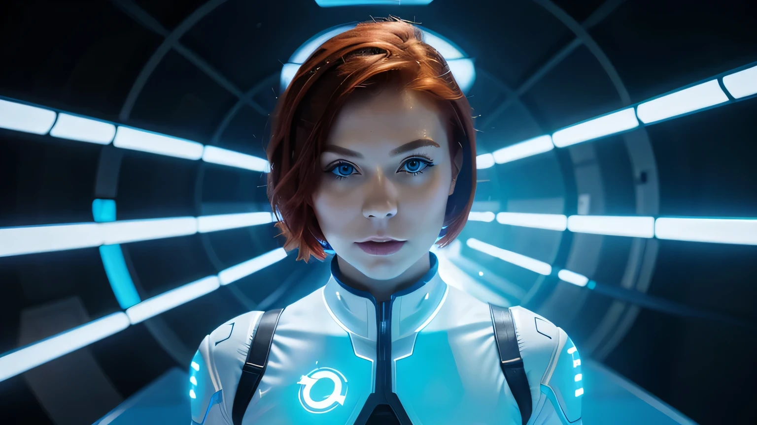 create an influencer, camera facing position , short red hair , blue eyes, White skin, a tron style suit a futuristic background.