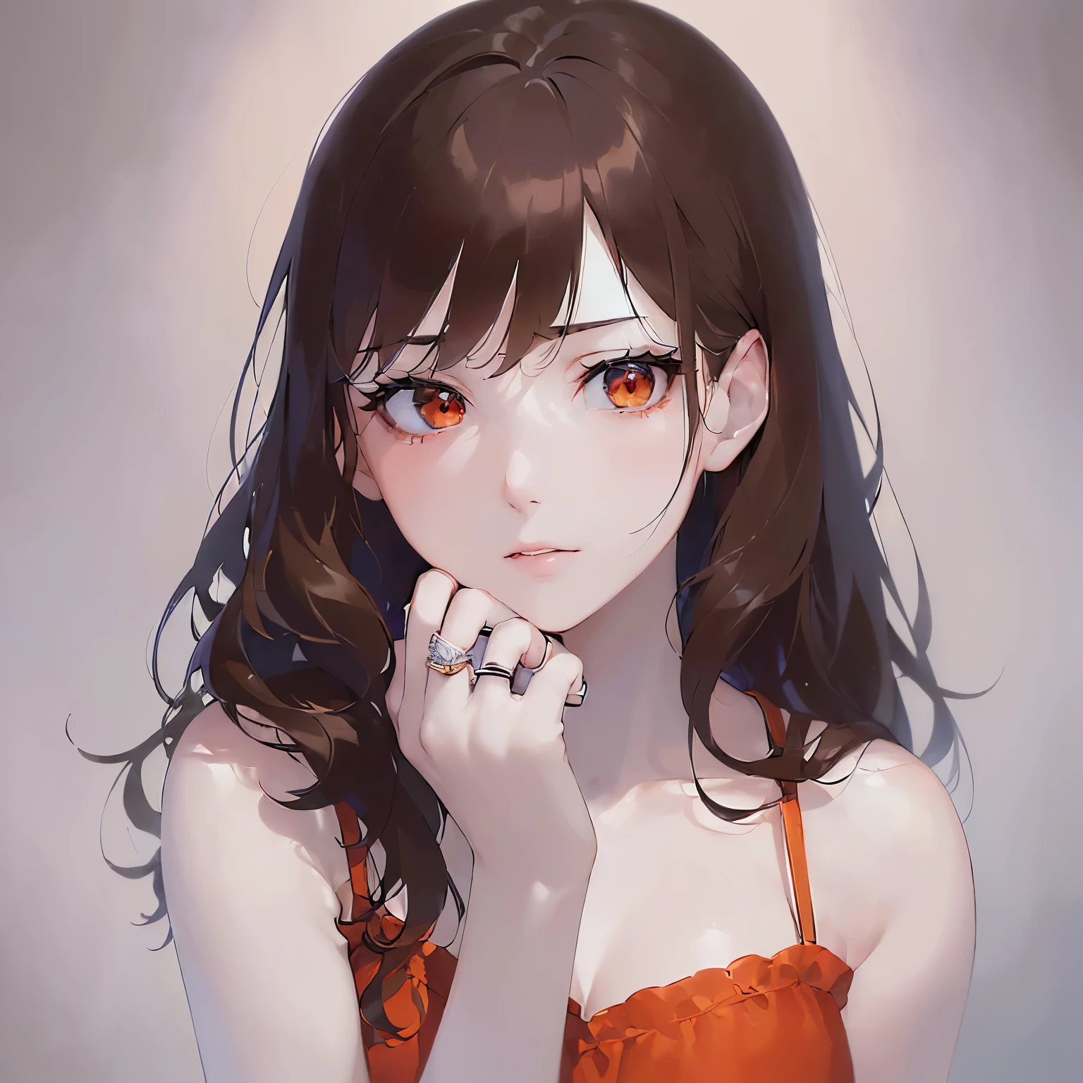 (looking awayr:1.5),(ring:1.5),upper body,(hand on own cheek:1.5), Realistic, real person, (pale skin: 1.2), RAW photo, photorealistic, shiny skin, shiny hair、 (A 25-year-old woman with medium-length hair and bangs) and (wavy hair) and (brown hair) and (orange eyes), nice red dress、Cleavage、expressionless,(alone:1.5)