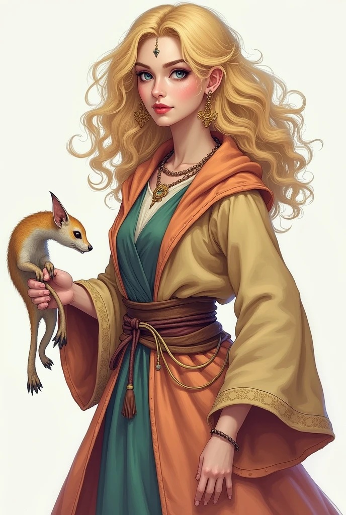 Fantasy art style, colorful drawing, character portrait, female human wizard, blonde curly hair, pastel clothes, wizard robes, with a magic weasel