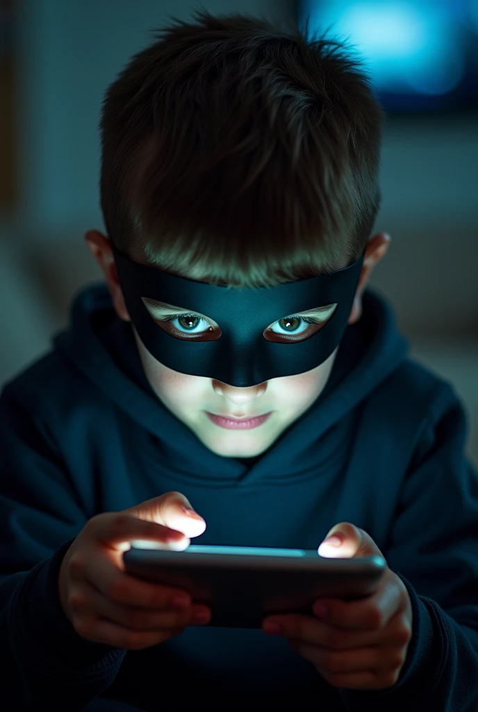 A boy holding ipad  and playing pubg mobile he wearing a black mask 