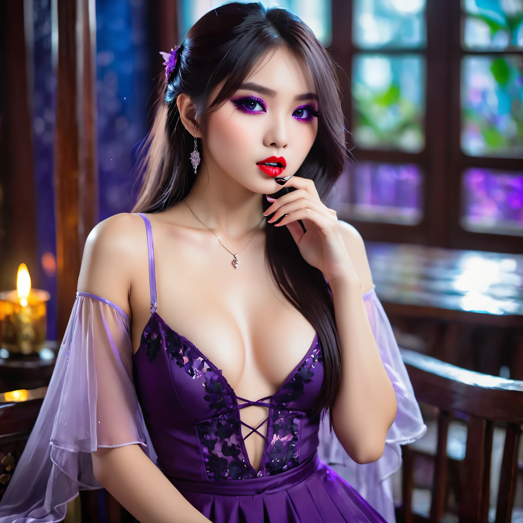 A cute sad vampire girl (Vietnamese, age 25, waif, waist length hair, violet eyes), sheer outfit, sultry pose, she just wants to drink viewers blood, why so shy?